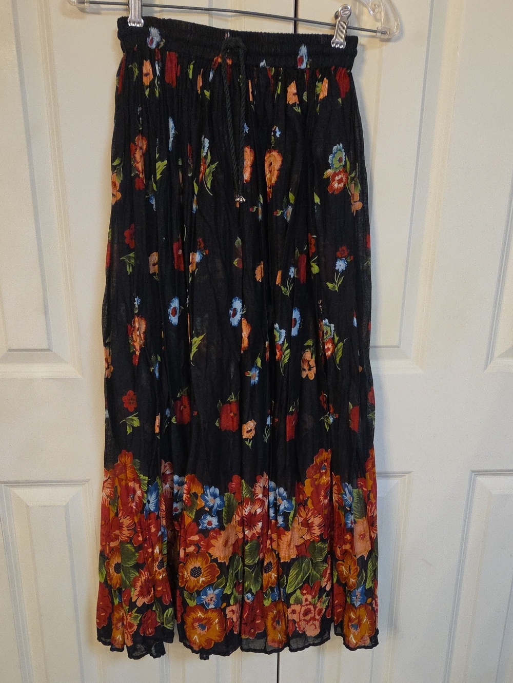Black Floral Maxi Skirt with Multicolor Border